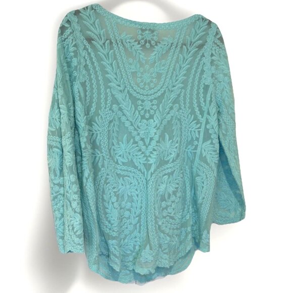 Soft Surroundings‎ Embroidered Floral Lace Sheer Top Blouse Aqua Blue Medium - Picture 2 of 8